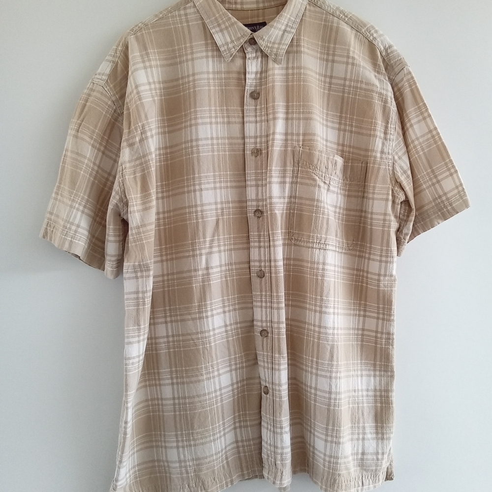 St. John's Bay Men's Large Beige/White Plaid Short-Sleeve Shirt